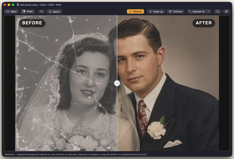 Restore Old Photos on a Mac: a cracked black and white wedding portrait on the left half, the repaired color version on the right half